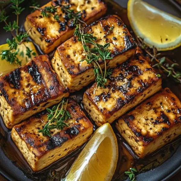 Griechischer gegrillter Tofu mit Zitrone und Thymian
