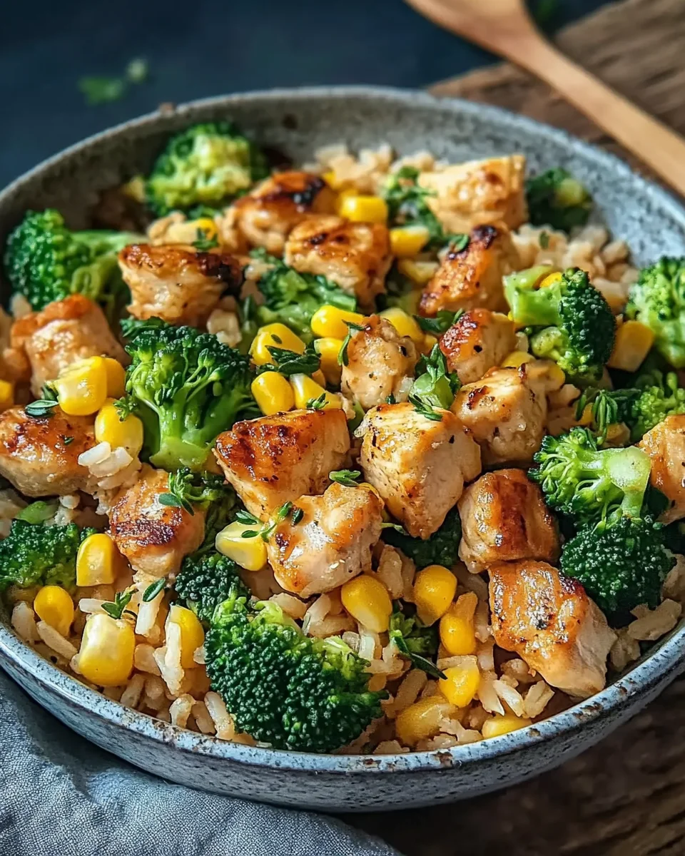 H&auml;hnchen-Reis-Pfanne mit Brokkoli und Mais