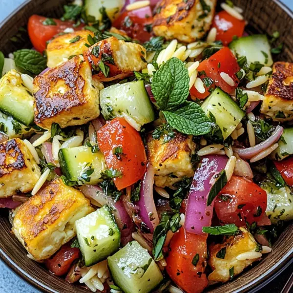 Kritharaki-Salat mit Halloumi-Croutons