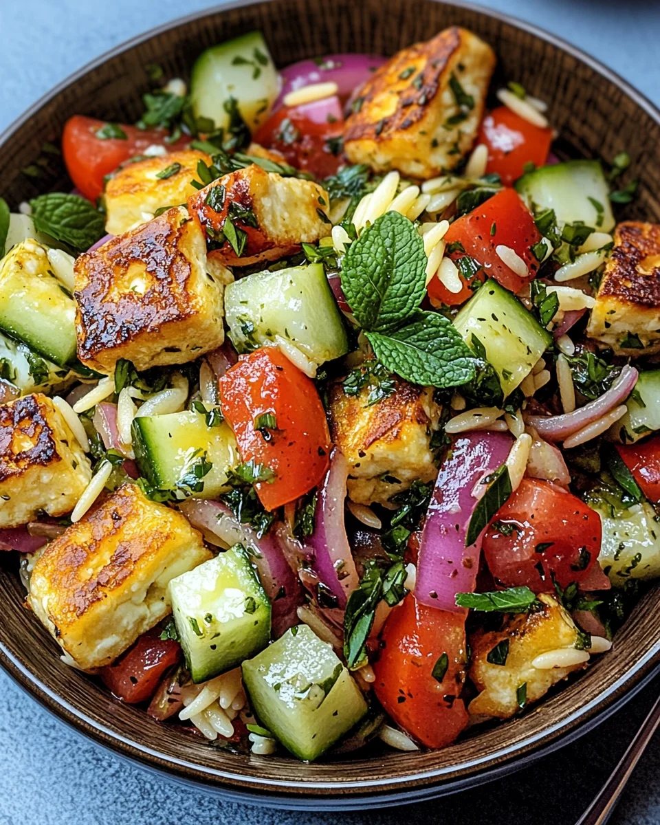 Kritharaki-Salat mit Halloumi-Croutons