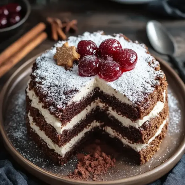 Winterlicher Maulwurfkuchen mit Zimtsahne und Punschkirschen