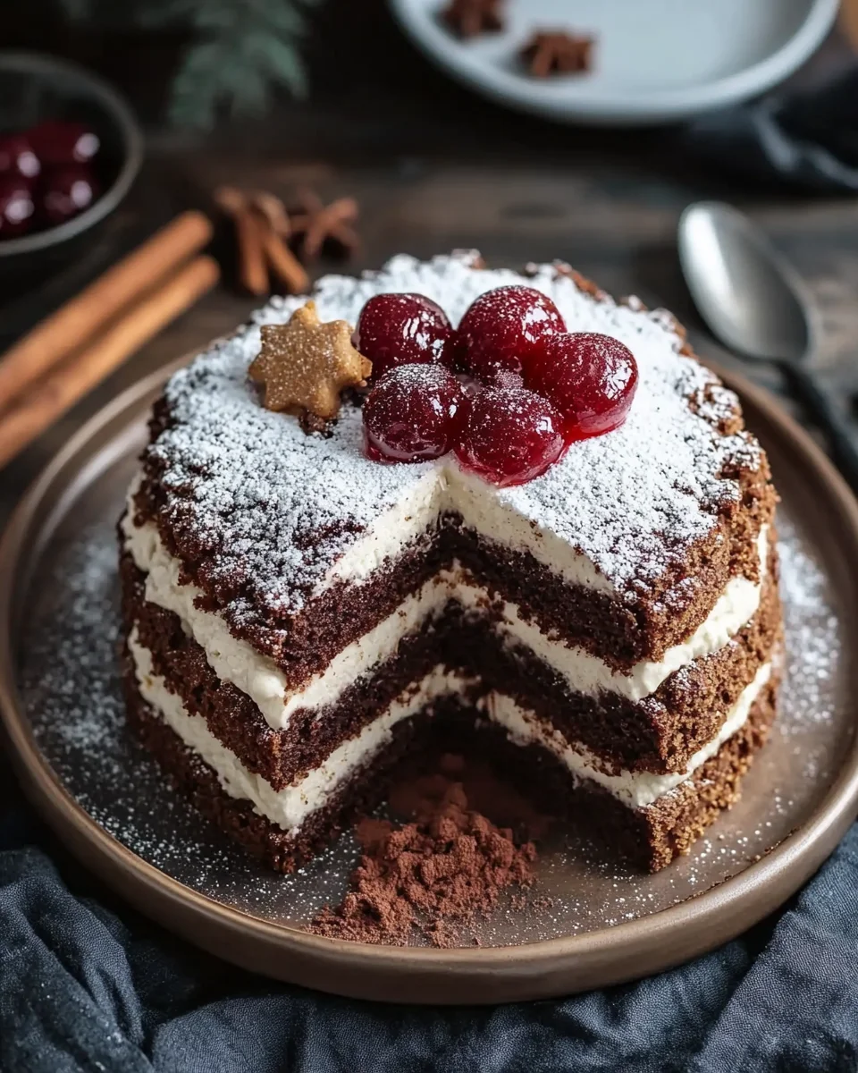 Winterlicher Maulwurfkuchen mit Zimtsahne und Punschkirschen