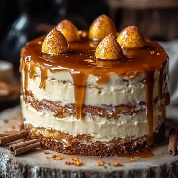 Bratapfeltorte mit Orangen-Zimt-Creme und Karamell-Drip