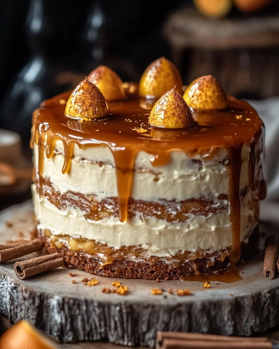 Bratapfeltorte mit Orangen-Zimt-Creme und Karamell-Drip