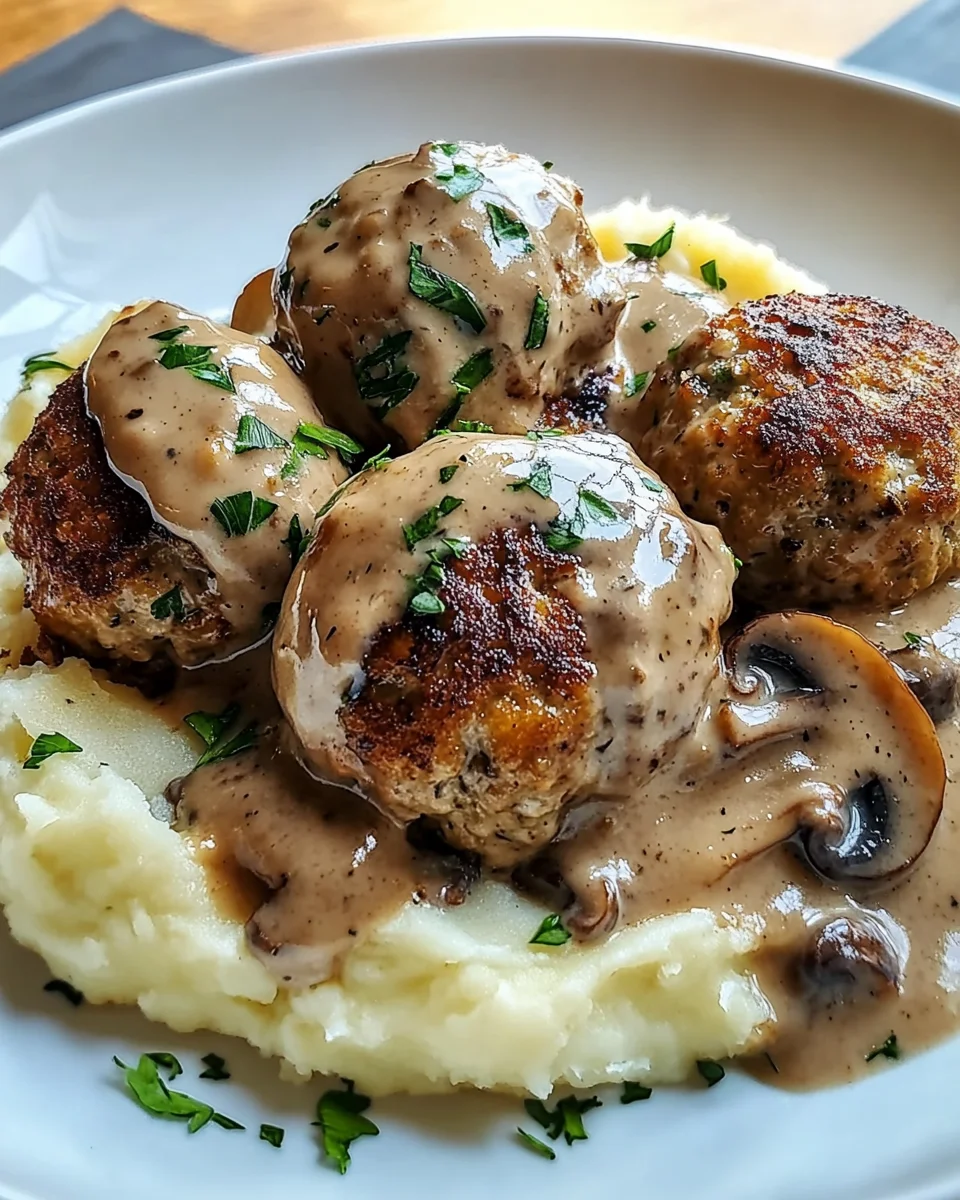 Fleischbällchen mit Kartoffelpüree und Champignonrahmsauce 19 Fleischbällchen