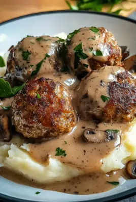Fleischbällchen mit Kartoffelpüree und Champignonrahmsauce