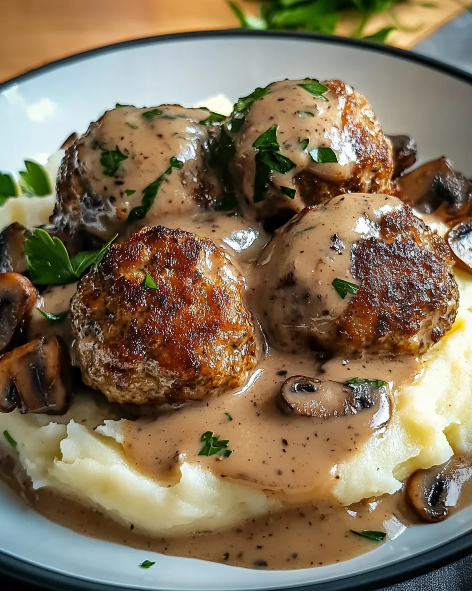 Fleischbällchen mit Kartoffelpüree und Champignonrahmsauce 21 Fleischbällchen mit Kartoffelpüree und Champignonrahmsauce