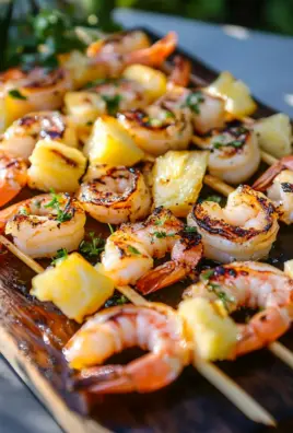 Gegrillte Garnelenspieße mit Ananas in Öl und Knoblauchsoße