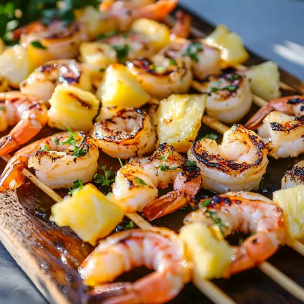 Gegrillte Garnelenspieße mit Ananas in Öl und Knoblauchsoße