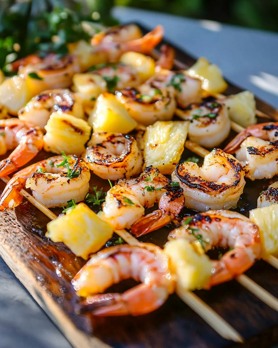Gegrillte Garnelenspie&szlig;e mit Ananas in &Ouml;l und Knoblauchso&szlig;e