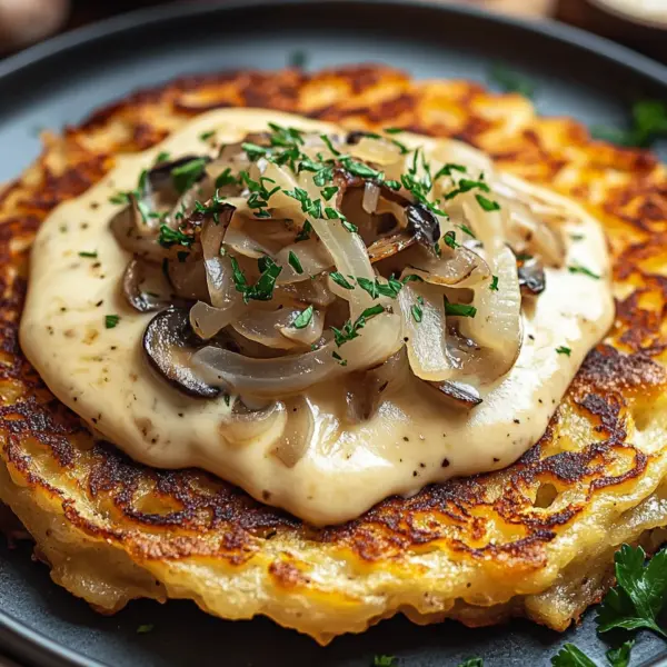 Mozzarella Rösti mit Zwiebel-Pilzrahmsoße