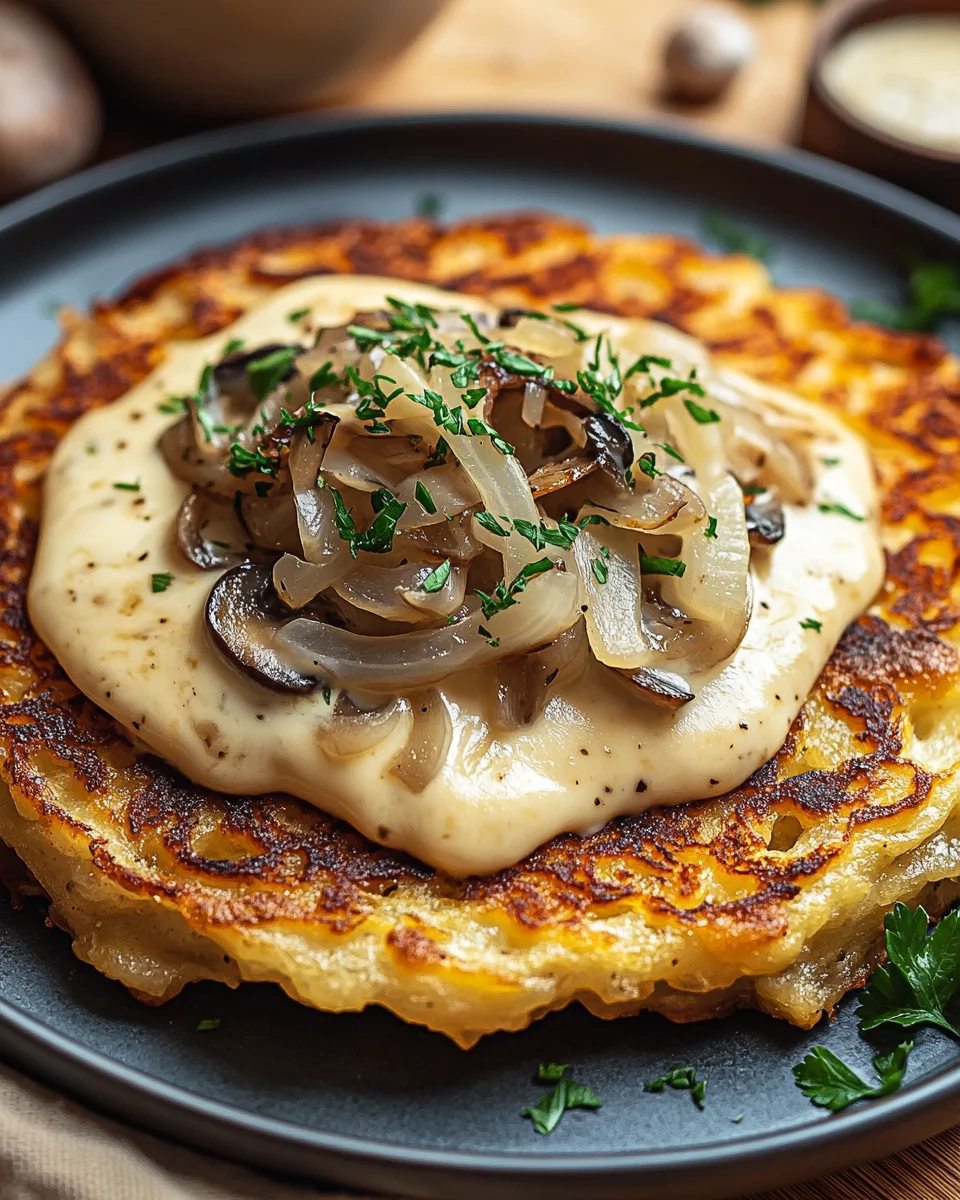Mozzarella Rösti mit Zwiebel-Pilzrahmsoße 21 Mozzarella Rösti mit Zwiebel-Pilzrahmsoße