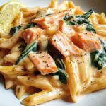Penne in Lachs-Sahne-Sauce mit Spinat