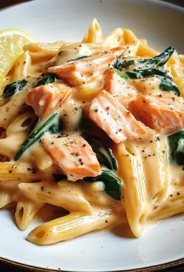 Penne in Lachs-Sahne-Sauce mit Spinat
