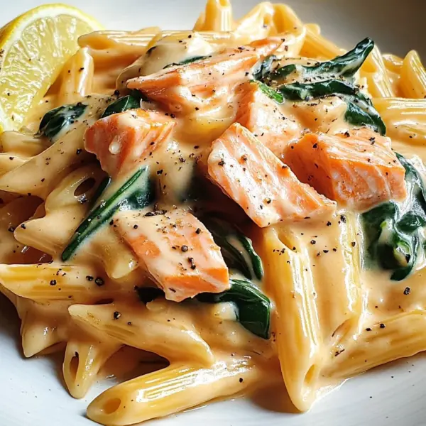 Penne in Lachs-Sahne-Sauce mit Spinat