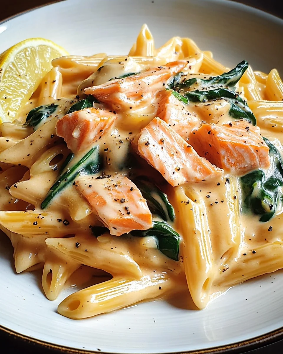 Penne in Lachs-Sahne-Sauce mit Spinat