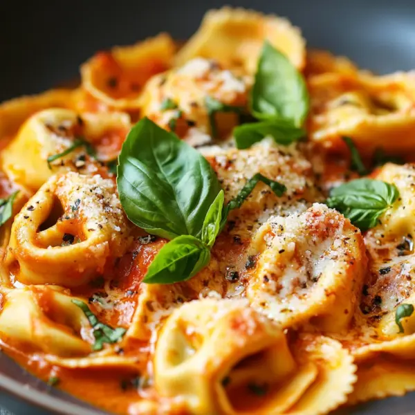 Tortellini mit Tomaten-Sahnesoße, Käse und Basilikum