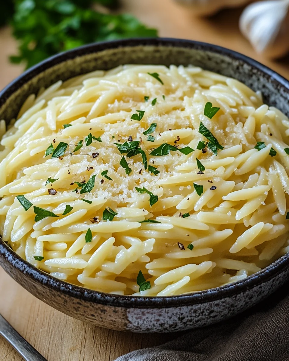 Cremige Orzo-Nudeln mit Knoblauch und Parmesan