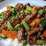 Ein Pfannengericht Teriyaki Rindfleisch mit Reis