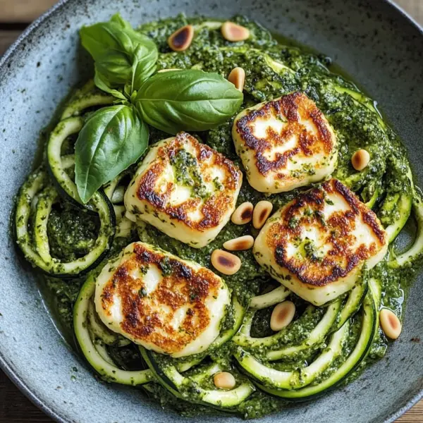 Halloumi mit Zucchini-Pesto-Nudeln