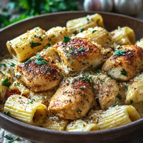 Cremiges Knoblauchbutter-Huhn und Rigatoni in Parmesan-Soße