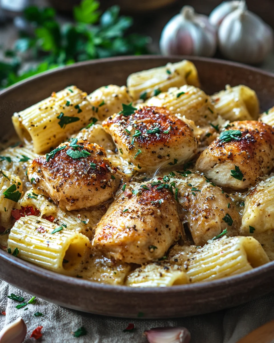 Cremiges Knoblauchbutter-Huhn und Rigatoni in Parmesan-So&szlig;e