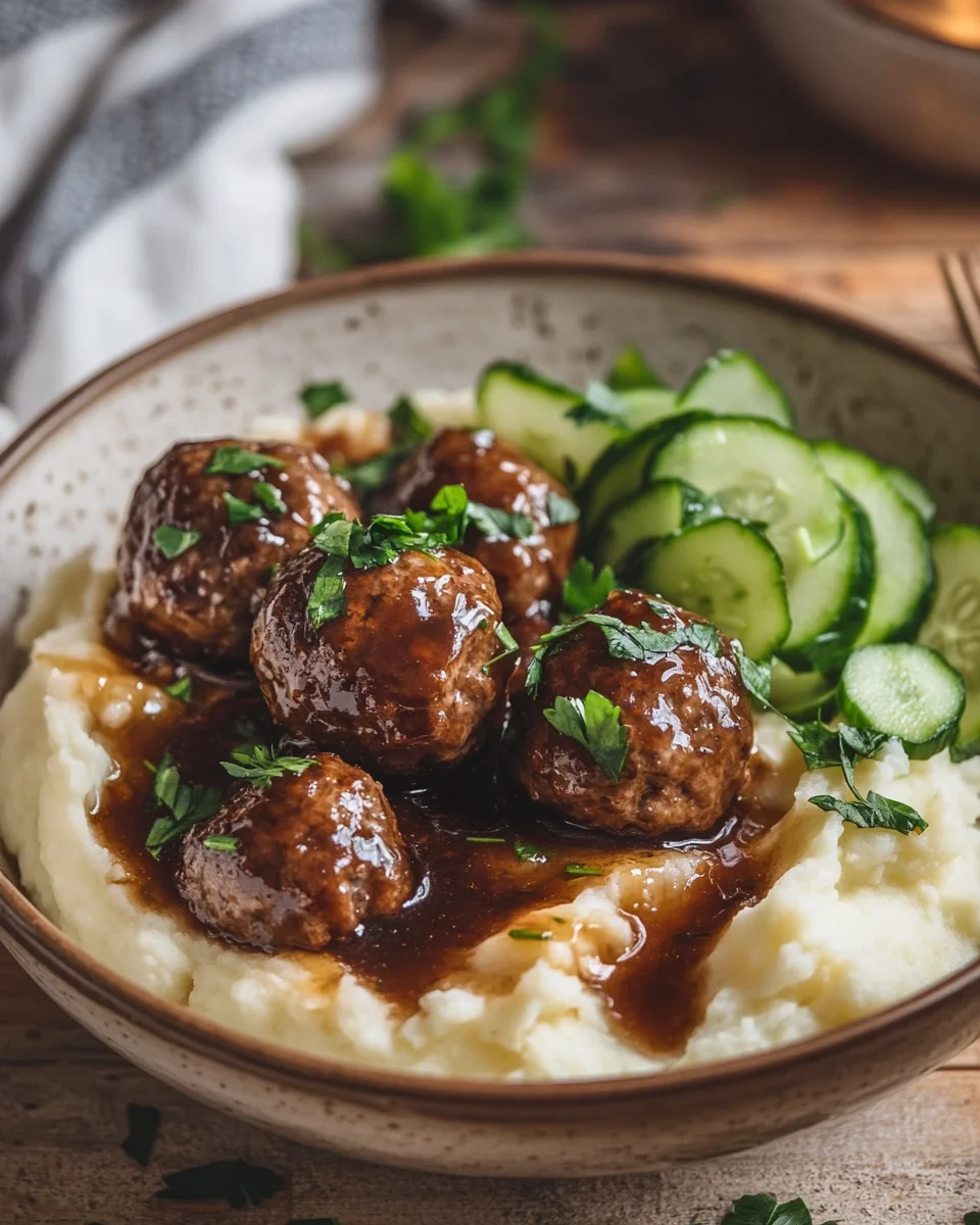 Fleischbällchen mit Gurkensalat und Kartoffelstampf 20 Fleischbällchen