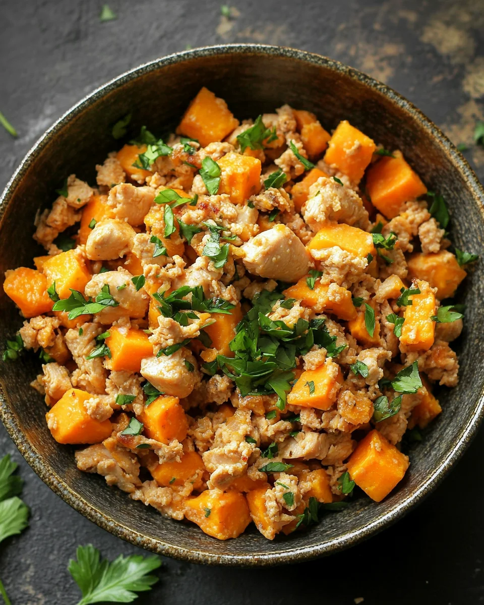 Hackfleisch aus Huhn und S&uuml;&szlig;kartoffeln