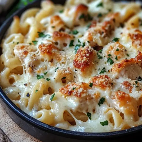 Knuspriger Nudel-Hähnchen-Auflauf mit Knoblauch und Parmesan