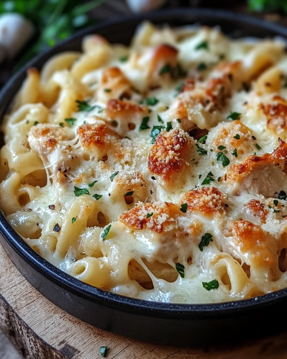 Knuspriger Nudel-H&auml;hnchen-Auflauf mit Knoblauch und Parmesan